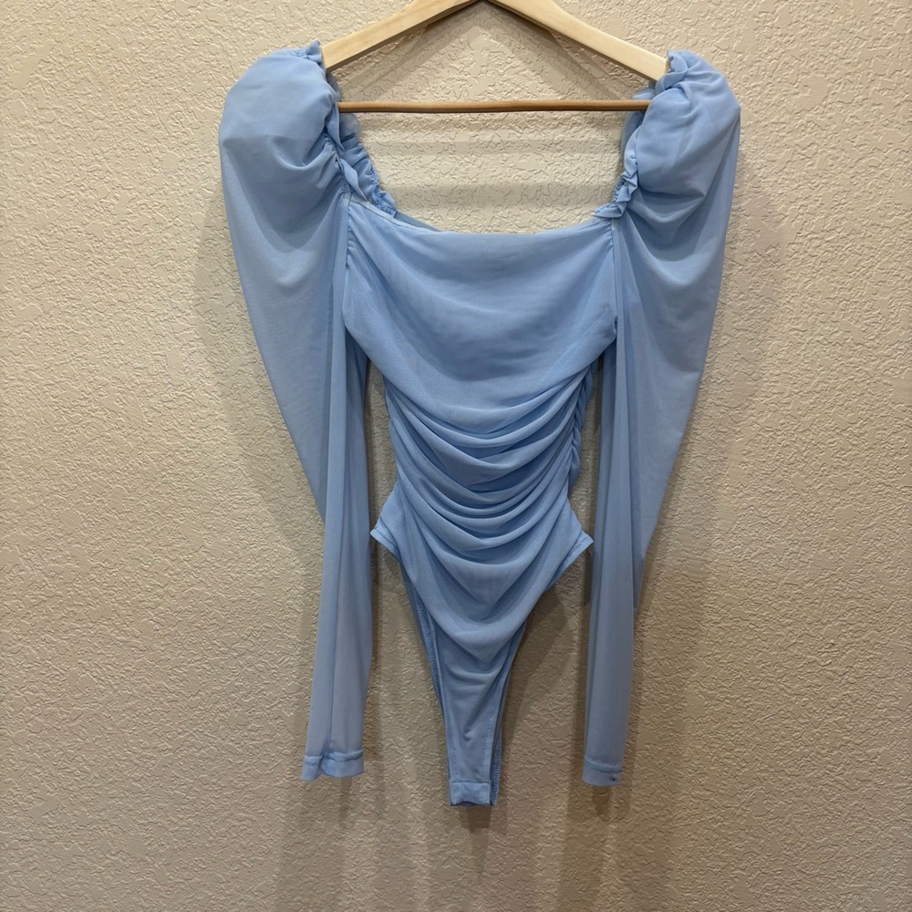 Fashion Nova Baby Blue Mesh Long Sleeve Bodysuit Size Small Whimsygoth